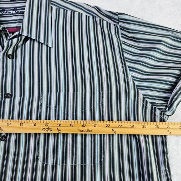 Alan Flusser XL Striped Dress Shirt Button UP Blue Green Cotton Men Professional - Picture 10 of 10